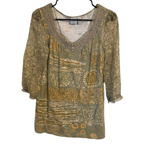 Caribbean Joe Tops - 🌹Caribbean Joe Green and Yellow Patterned Blouse